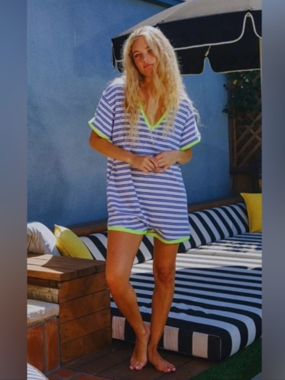 Bucketlist Blue And White Stripe Romper With Neon Trim Size Small